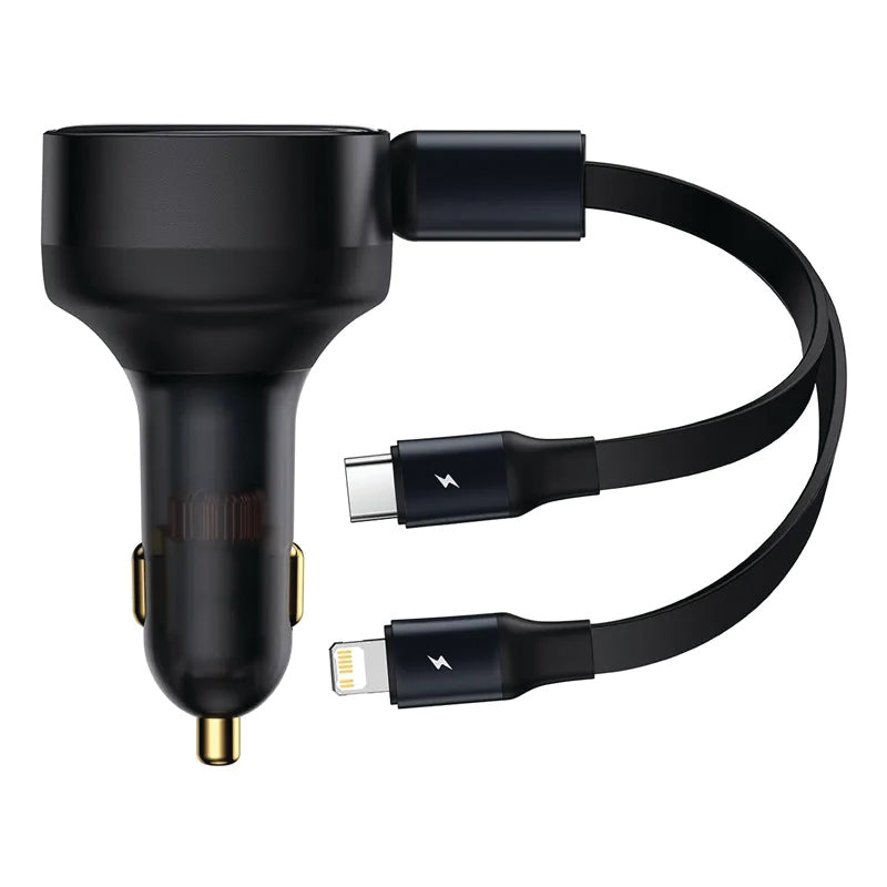Baseus Car Charger Enjoyment Retractable dual Output Type-c & Lightning 30W Black CGTX000001
