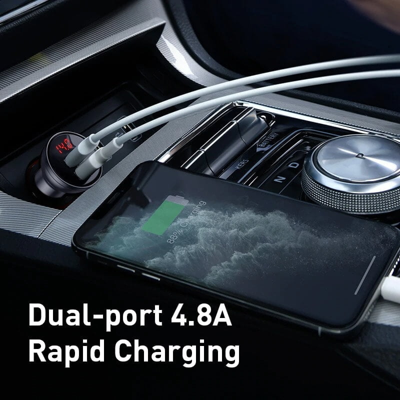 Baseus Digital Display Dual USB 4.8A Car Charger 24W Grey