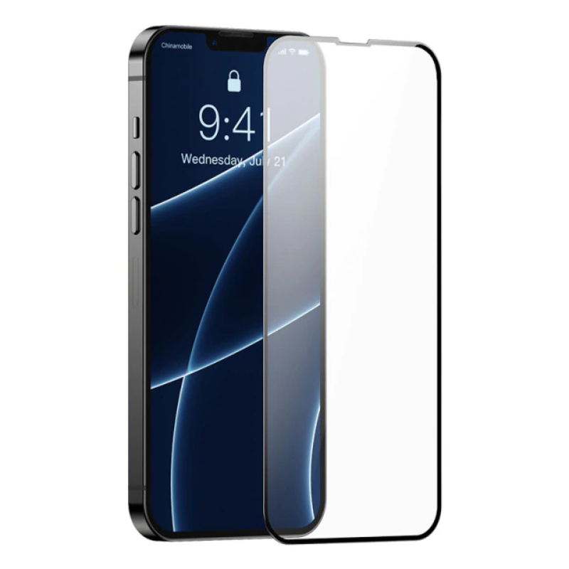 iPhone 13 Series Baseus Pack of 2 pcs Edge to edge Porcelain Crystal Tempered Glass protector Black Edges with applying kit