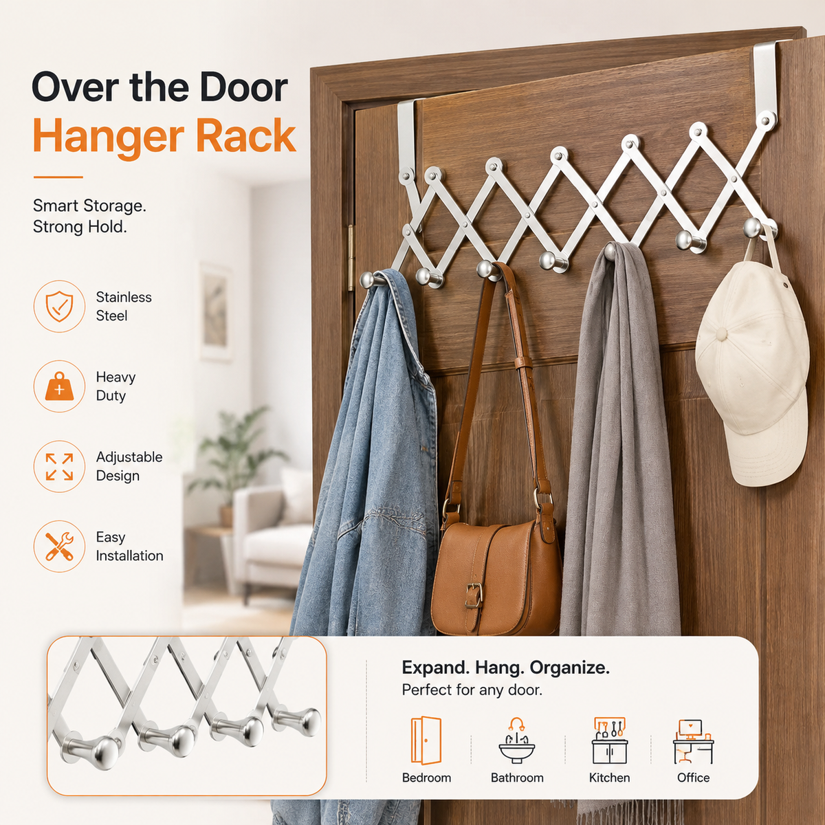 Expandable Over-the-Door Accordion Towel & Clothes Hanger Rack