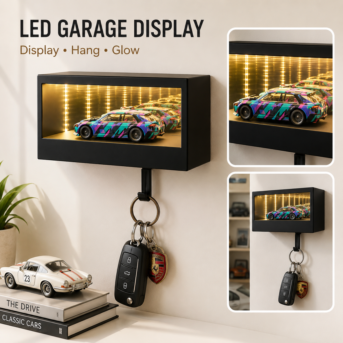 Rechargeable LED Smart Garage Mirror Keychain Wall Mount Display for Car Lovers